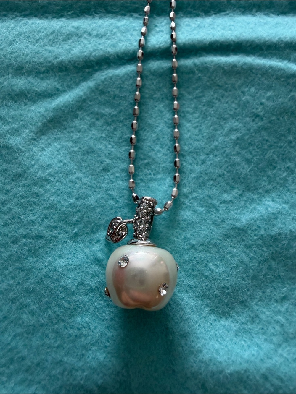 Pearl Apple Pendant Necklace w Swarovski crystals